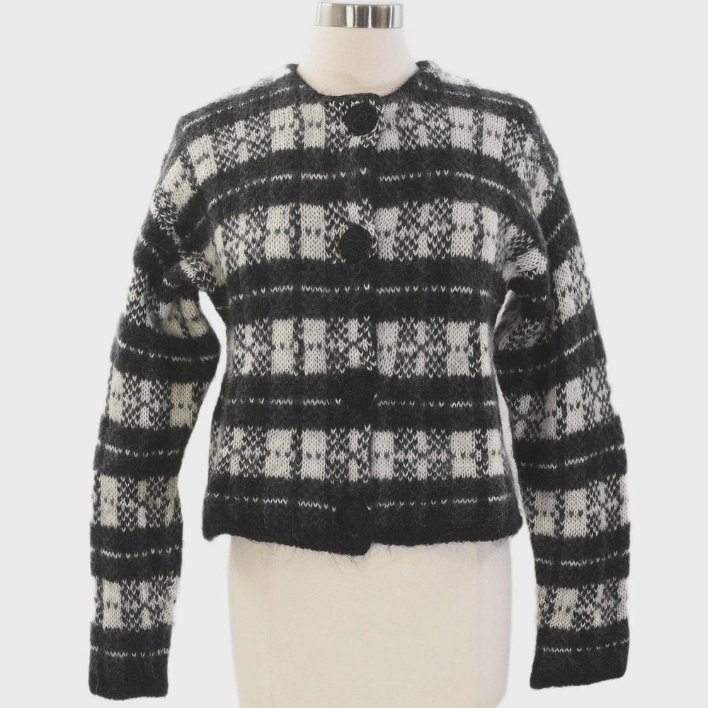 80s Vintage Mohair Cardigan Preppy Sweater Womens M Black & White Plaid Checked
